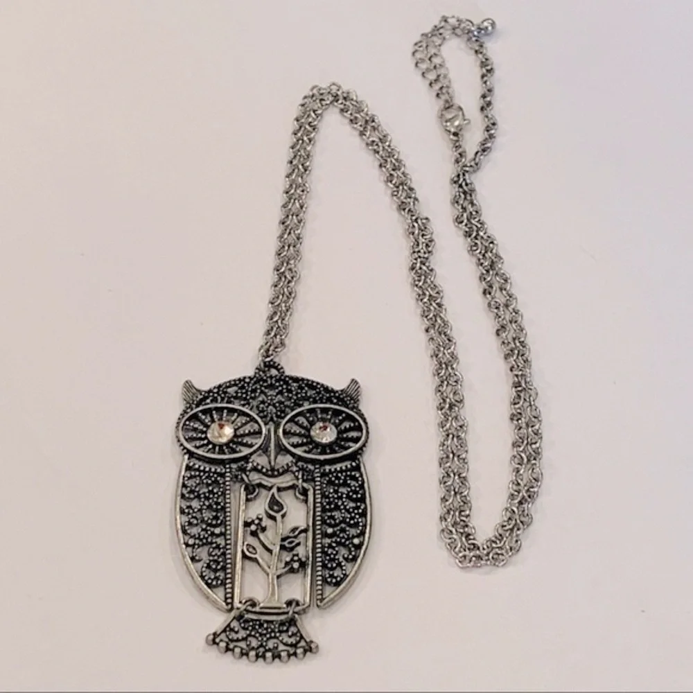 💐5/25 articulating owl long chain silver tone